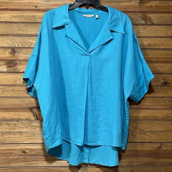 Soft Surroundings Tops - Soft Surroundings Women Size 3X LINEN Hi-Lo Top Pleated, Back Buttons Blue-Green